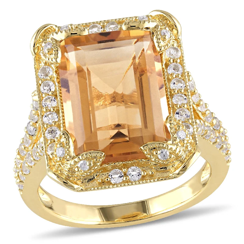 Mimi & Max 7 3/5ct TGW Emerald Cut Citrine, White Topaz and Diamond Halo Leaf Ring Yellow Sterling Silver