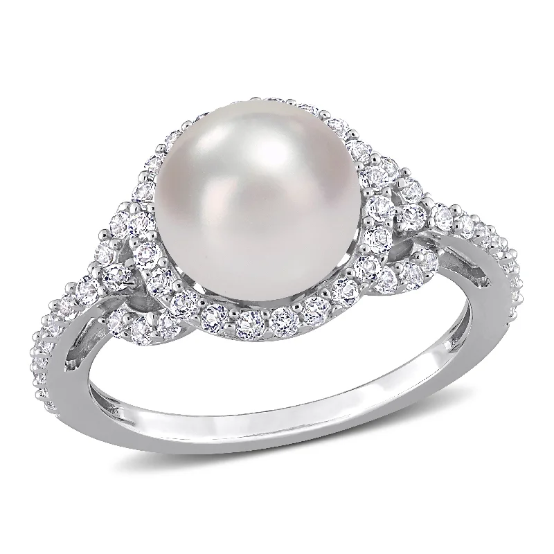 Mimi & Max 8.5-9mm Cultured Freshwater Pearl and 3/4ct TGW White Topaz Halo Ring in Sterling Silver