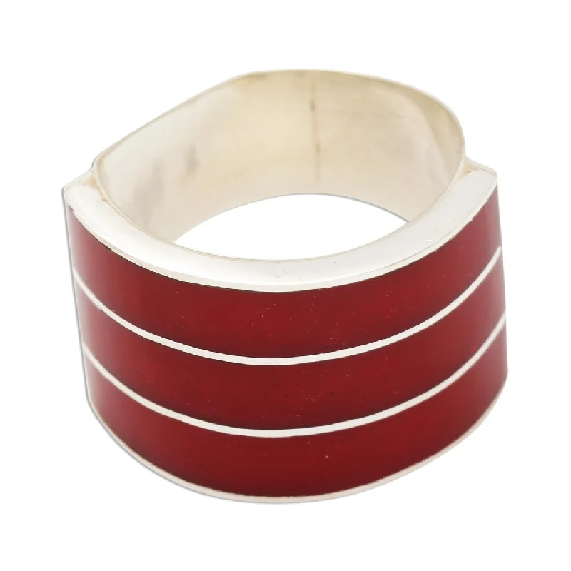 NOVICA Band of Three - Red, Sterling silver band ring