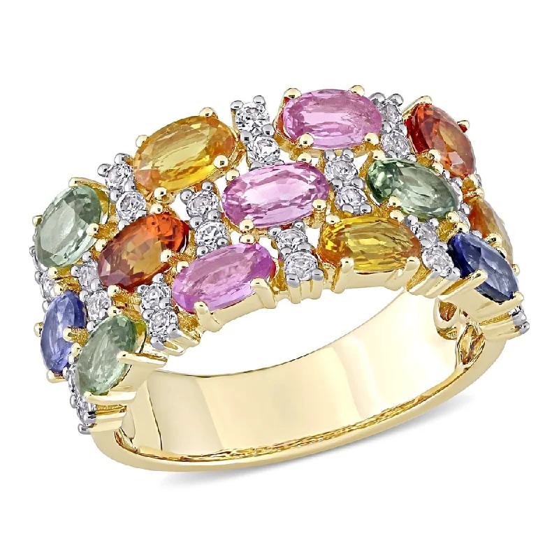 Oval-Cut Multi-Color Sapphire Semi-Eternity 3-Row Anniversary Band in 14k Yellow Gold by Miadora