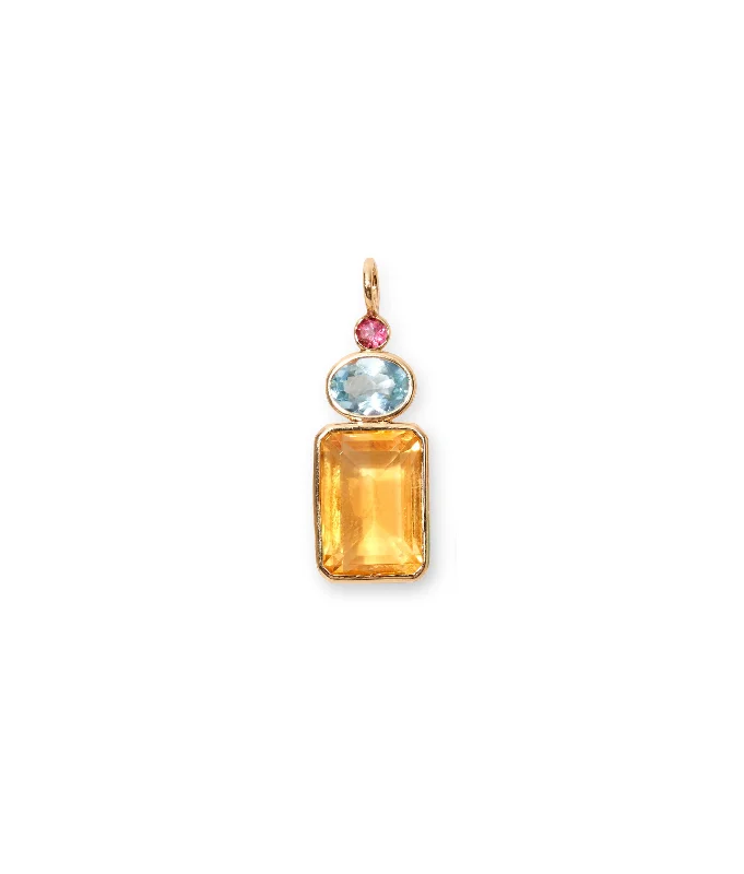 Rectangle Column 14k Gold Necklace Charm in Pink Topaz, Sky Blue Topaz & Citrine