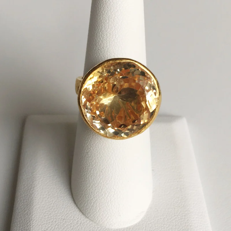 Brilliant Cut Citrine Cocktail Ring - 24K Gold with Diamond Accents