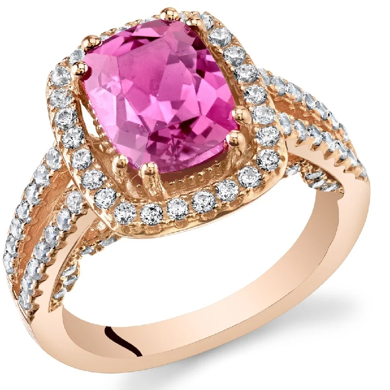 Rose Tone Sterling Silver 2.75 ct Created Pink Sapphire Halo Ring