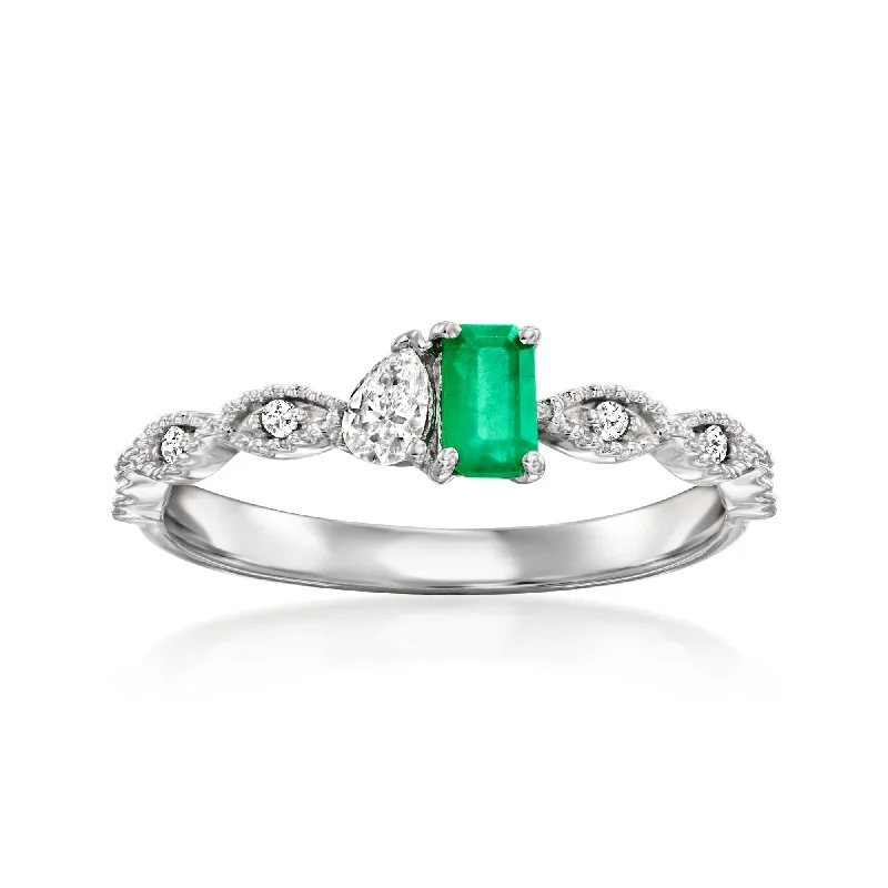 Ross-Simons Emerald and . Diamond Toi Et Moi Ring With Diamond Accents in 14kt White Gold