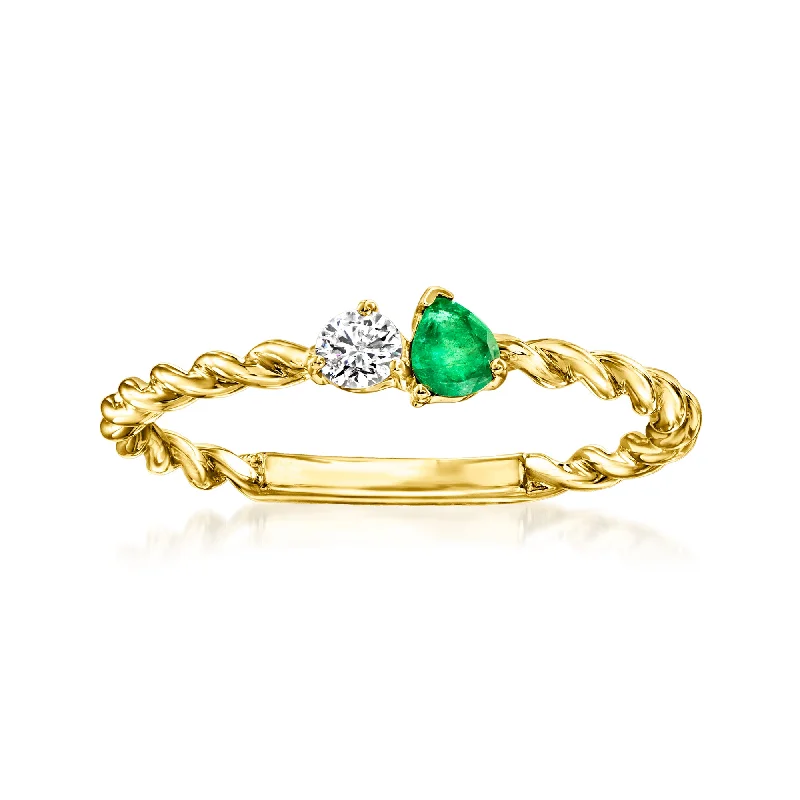 RS Pure by Ross-Simons Emerald and . Diamond Toi Et Moi Twisted Ring in 14kt Yellow Gold