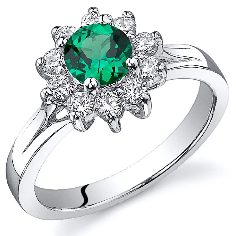 Sterling Silver 0.5 ct Created Emerald Floral Ring