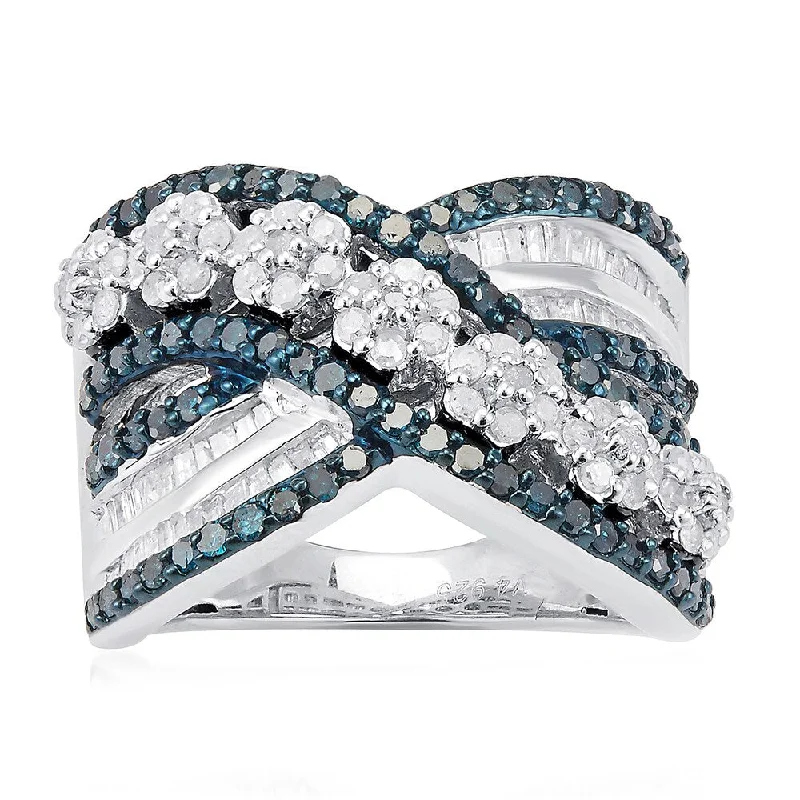 Sterling Silver 1 1/2ct TDW Blue and White Diamond Multi Row Ring