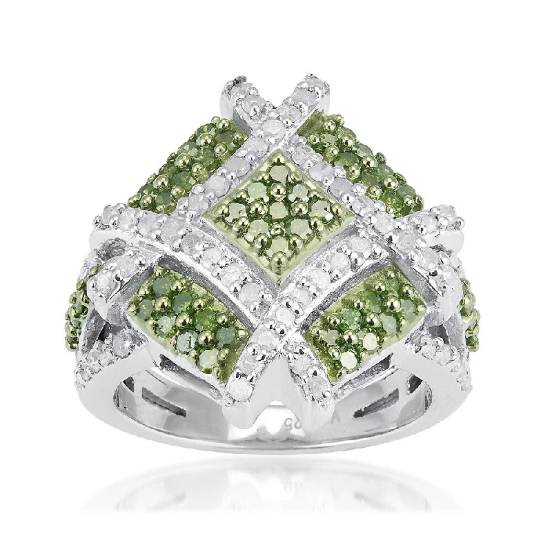 Sterling Silver 1 1/4ct TDW Green and White Diamond Square Ring