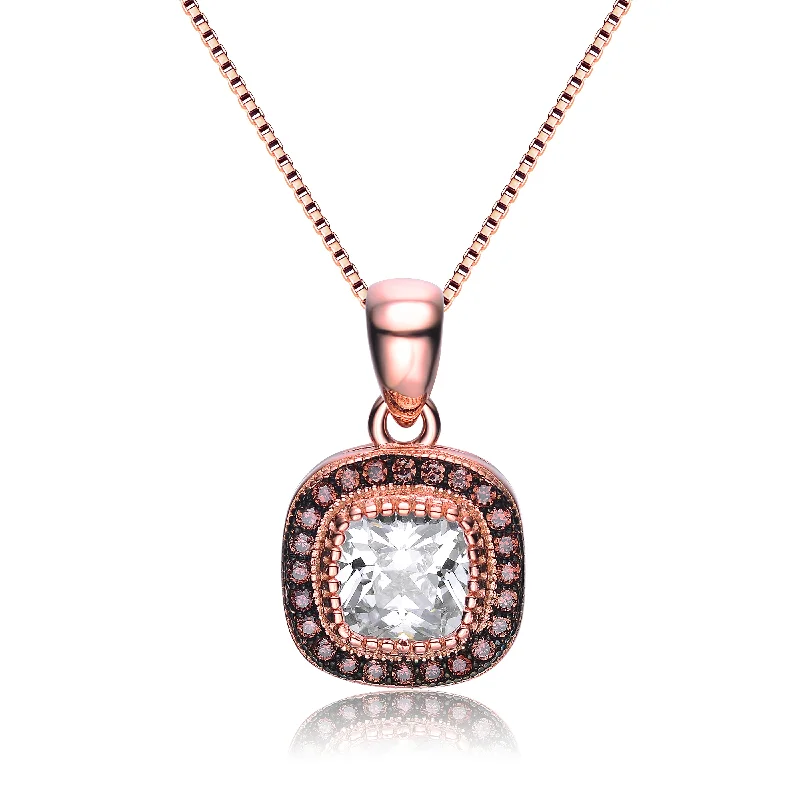 Sterling Silver 18k Rose Gold Plated with Clear Cubic Zirconia Antique Square Pendant Necklace