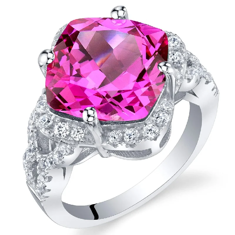 Sterling Silver 7.5 ct Created Pink Sapphire Halo Ring