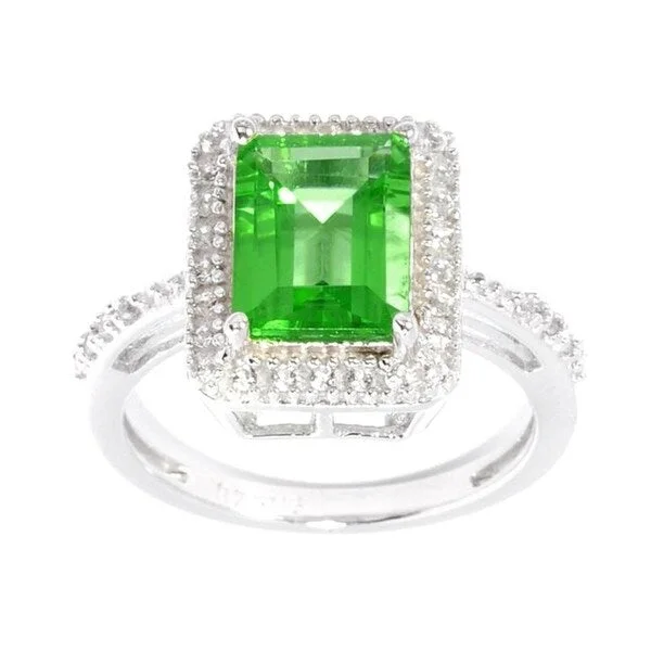 Sterling Silver Green Emerald and White Topaz Rectangle Halo Ring