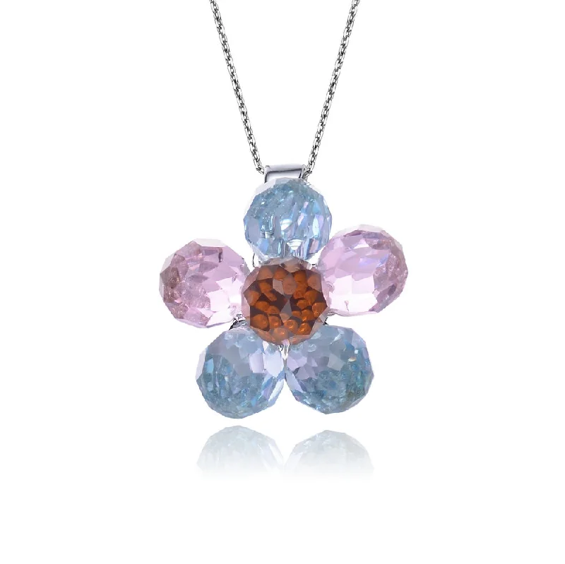 Sterling Silver Multicolor Cubic Zirconia Flower Necklace