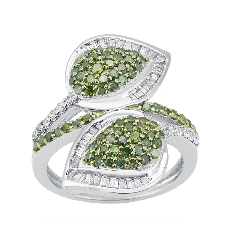 Sterling Silver Natural Green Diamond and White Diamond Bypass Ring