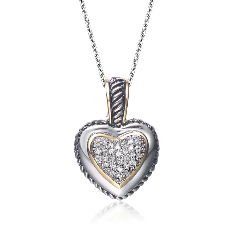 Sterling Silver Two Tone with Clear Cubic Zirconia Pave Heart Necklace