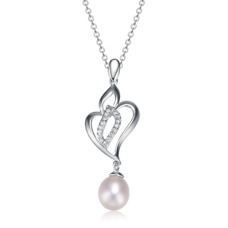 Sterling Silver White Cubic Zirconia and Pearl Dangling Pendant Necklace