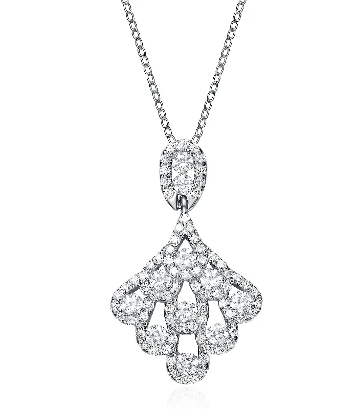 Sterling Silver White Gold Plated with Clear Cubic Zirconia Chandelier Like Pendant Necklace