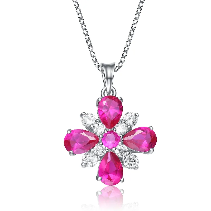 Sterling Silver White Gold Plated with White and Deep Pink Cubic Zirconia Flower Shaped Pendant Necklace