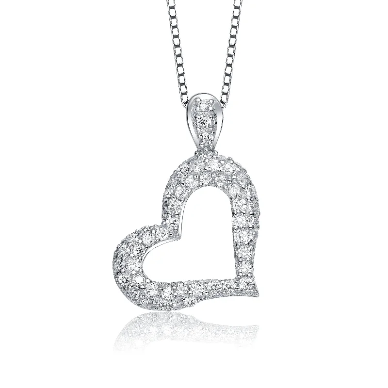 Sterling Silver White Gold Plating with Clear Cubic Zirconia Paved on Heart Framed Pendant Necklace