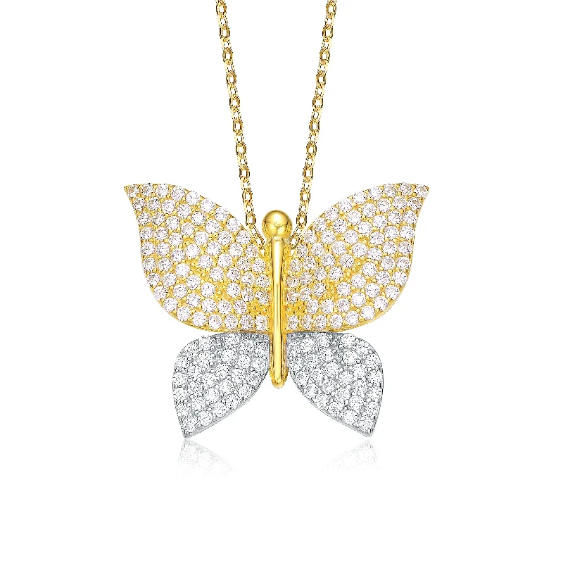 14k Yellow And White Gold Plated Cubic Zirconia Butterfly Pendant Necklace in Sterling Silver