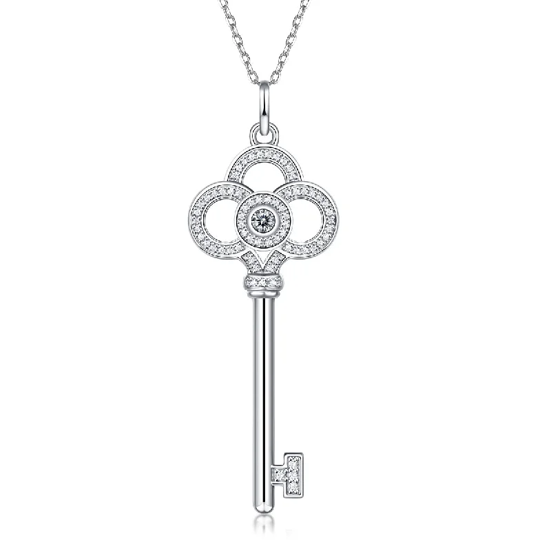 Sterling Silver with 0.10ctw Lab Created Moissanite Skeleton Key Eternity Circle Pendant Necklace