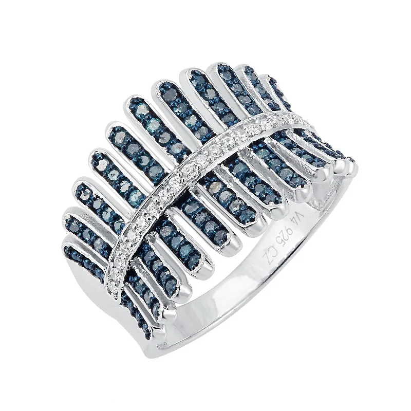 Sterling Silver with 0.50CTTW Natural Blue and White Diamond Multi Row Ring