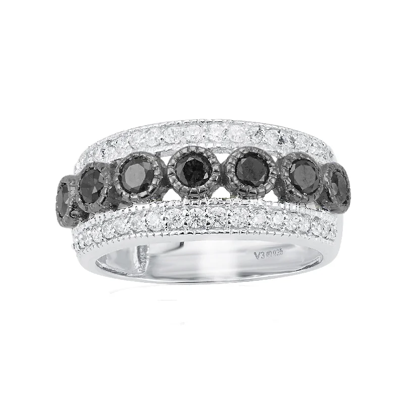 Sterling Silver with 1.00 CTTW Natural Black & White Diamond Band Ring