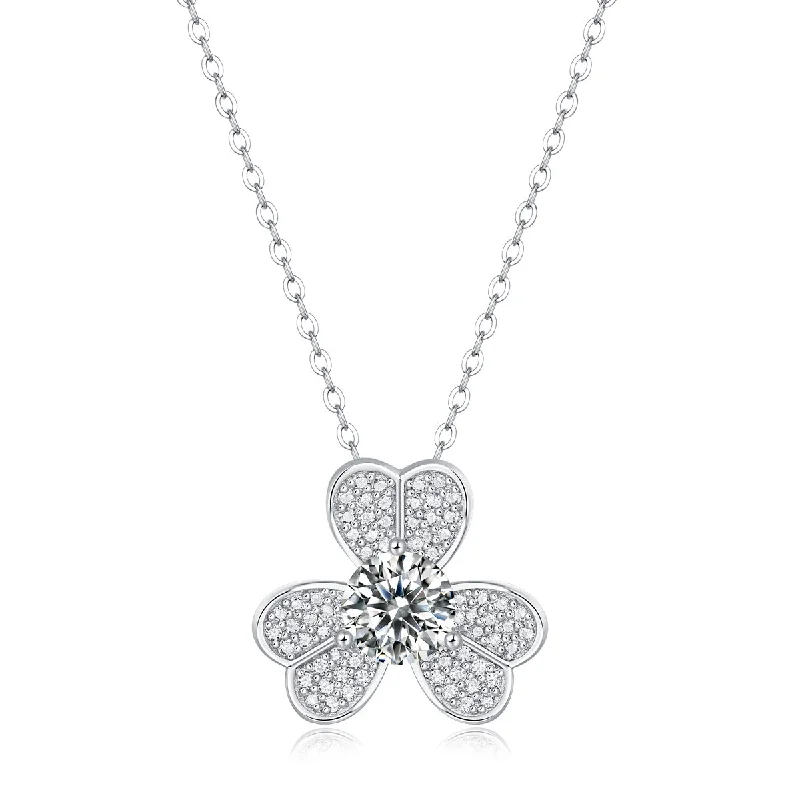 Sterling Silver with 1ctw Lab Created Moissanite French Pave Blooming Flower Solitaire Pendant Necklace