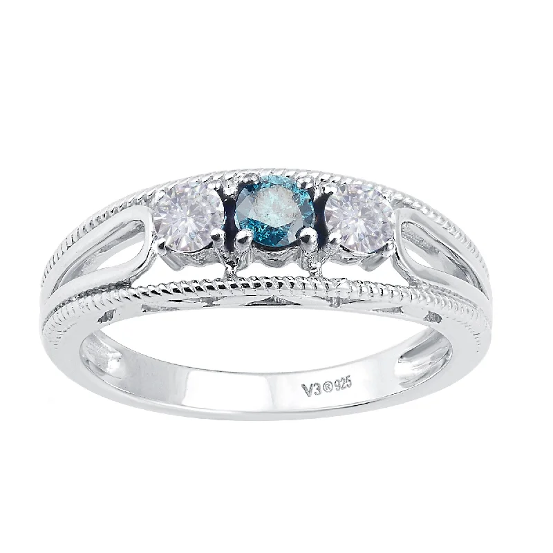 Sterling Silver with Genuine Blue Diamond and Moissanite Ring