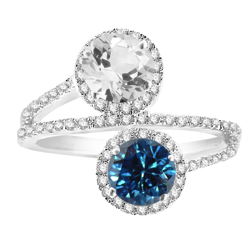 Sterling Silver with Genuine Blue Diamond and White Topaz Halo Ring