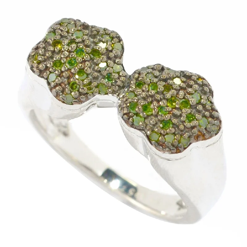 Sterling Silver with Genuine Green Diamond Flower Bypass Ring