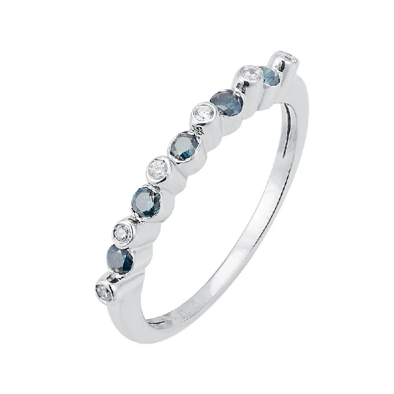 Sterling Silver with Genuine White and Blue Diamond Band Ring