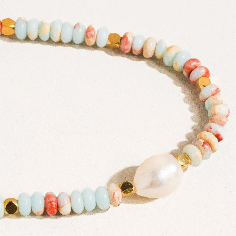 Swank Non-Tarnish Boho Aqua Sea Sediment Beaded Pearl Necklace