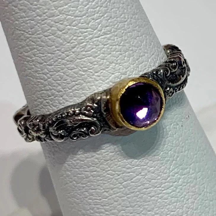 Tarnished Silver Stack Ring w/ 24K Amethyst Bezel