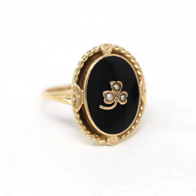 Vintage Onyx Ring - Retro 14k Yellow Gold Seed Pearl Shamrock Genuine Black Gemstone - Circa 1940s Era Size 6 3/4 Statement Fine 40s Jewelry