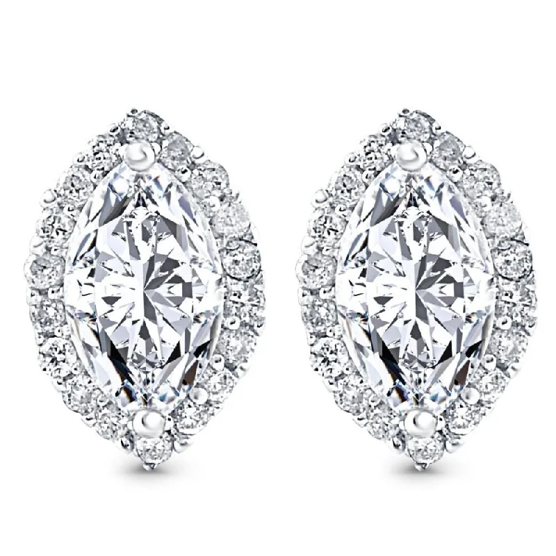 1/2Ct Marquise Halo Screw Back Diamond Studs White or Yellow Gold Earrings