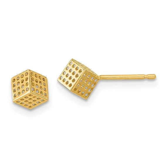 14K Gold 3-D Hollow Cube Post Earrings