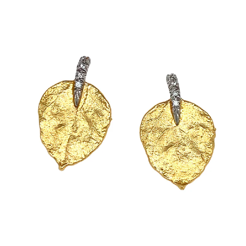 Gold and Diamond Leaf Earrings - "Glittering Aspen"