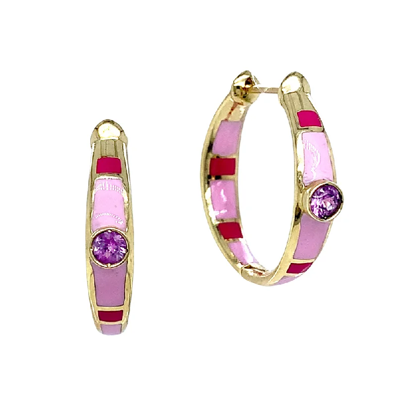 Montana Sapphire with Pink Enamel & Yellow Gold Hoops - "Rock Candy Sweetness"