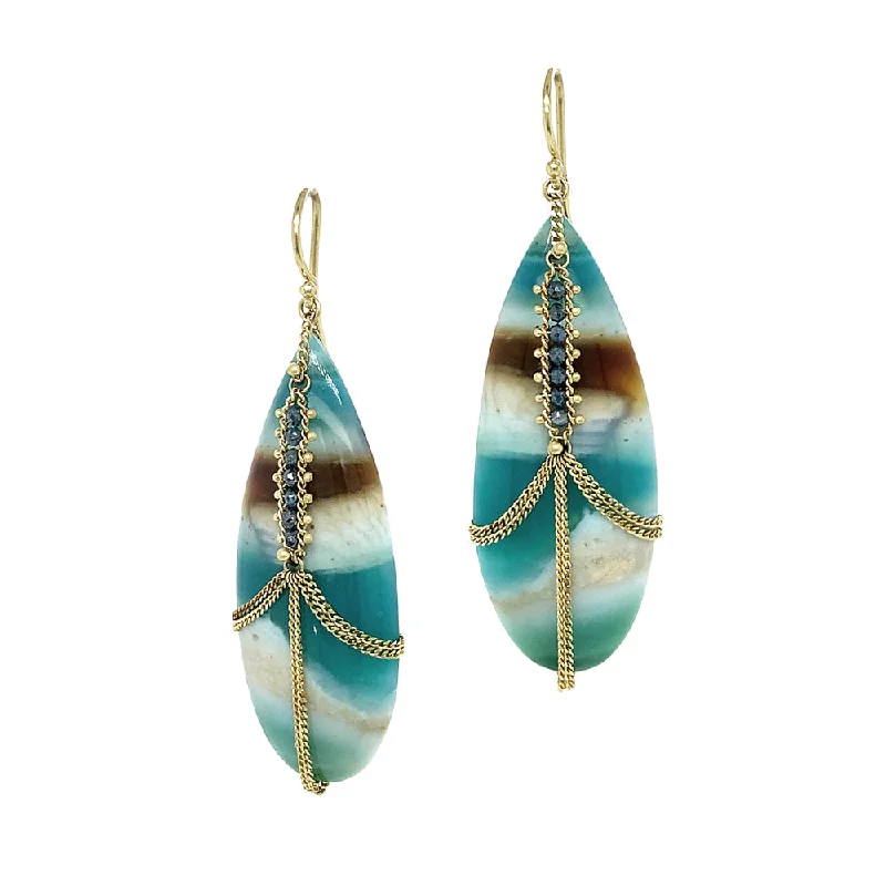 One-of-a-Kind Blue Opal & Petrified Wood Draped Earrings - "Pina Colada"