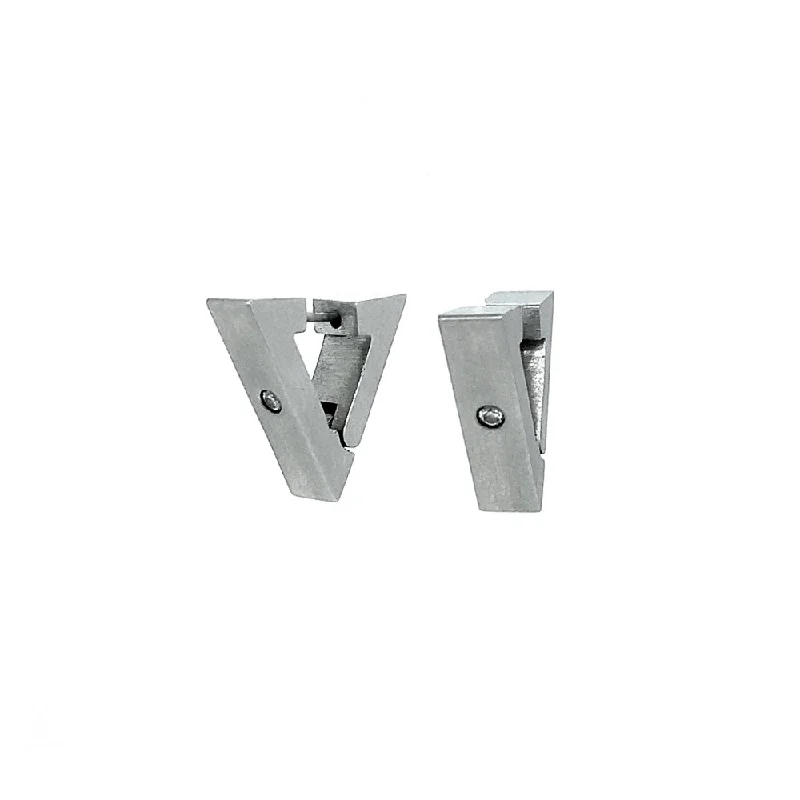 Small Stainless Steel Huggie Earrings - "Triangle with Diamond"