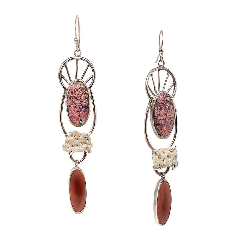 Sterling Silver, Ocean + Imperial Jasper, & Coral Earrings - "Coral Garden"