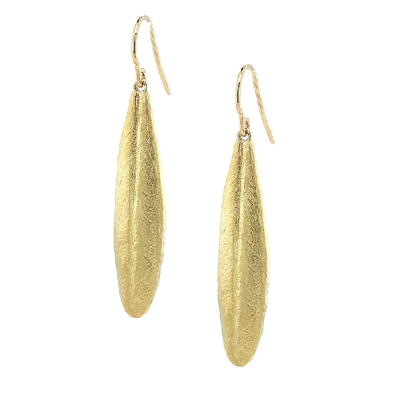 Yellow Gold Leaf Drop Earrings - "Vesta Olive Leaf"