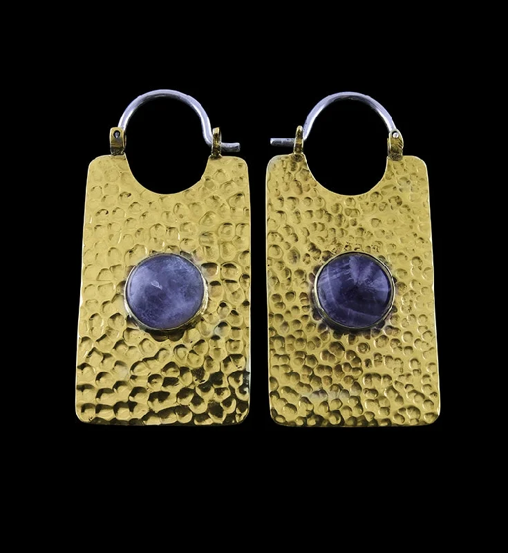 14G Lateral Amethyst Stone Brass Hangers - Earrings