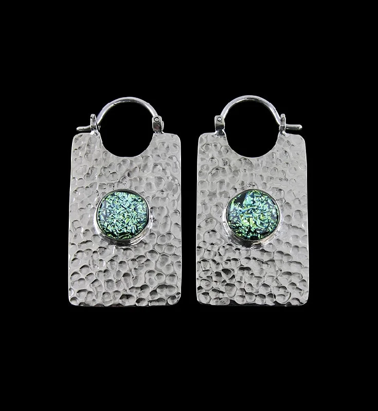 14G Lateral Green Dichroic Glass White Brass Hangers - Earrings