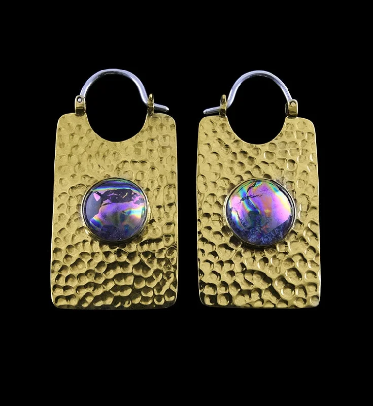 14G Lateral Purple Dichroic Glass Brass Hangers - Earrings