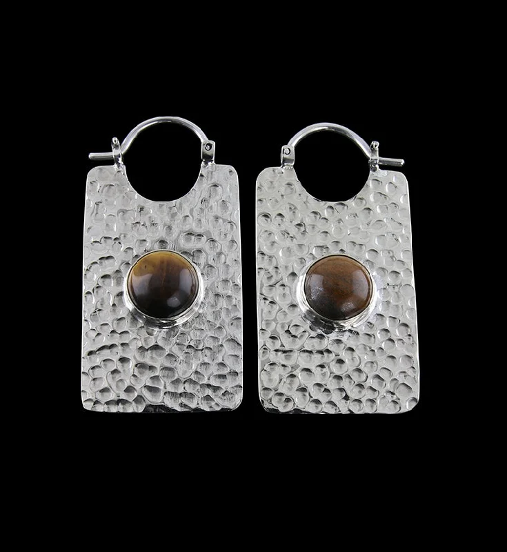 14G Lateral Tigers Eye Stone White Brass Hangers - Earrings