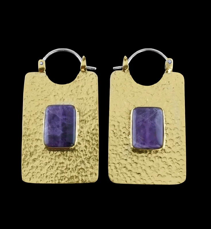 14G Obverse Amethyst Stone Brass Hangers - Earrings