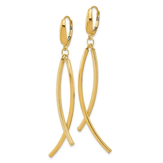 14k Polished and Textured Tube Dangle Leverback Earrings