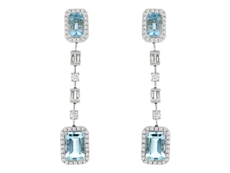 14K White Gold Aquamarine and Diamond Dangle Earrings