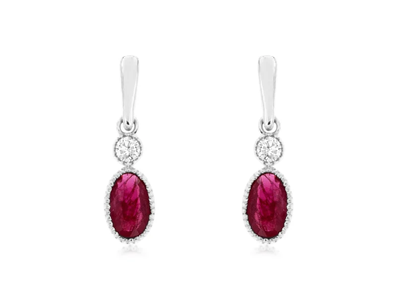 14K White Gold Ruby and Diamond Bezel Set Drop Earrings